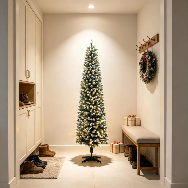 Slim frosted pencil tree with lights