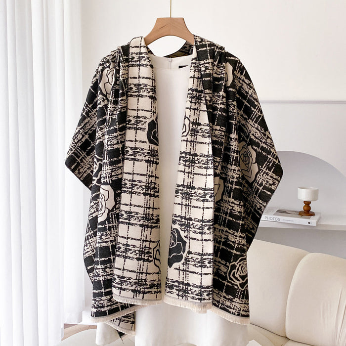 Plushridge Double-Sided Plaid Shawl with Rose Motif