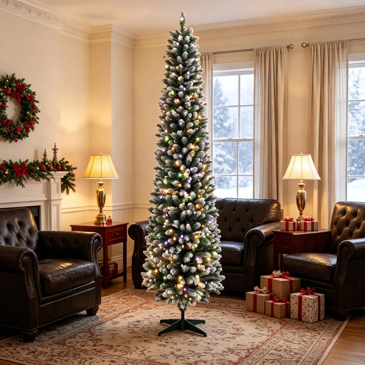 Tall slim frosted pre-lit pencil tree