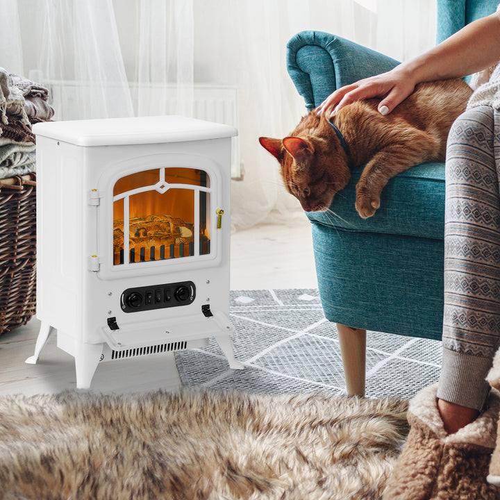 White electric stove heater with glowing log flames