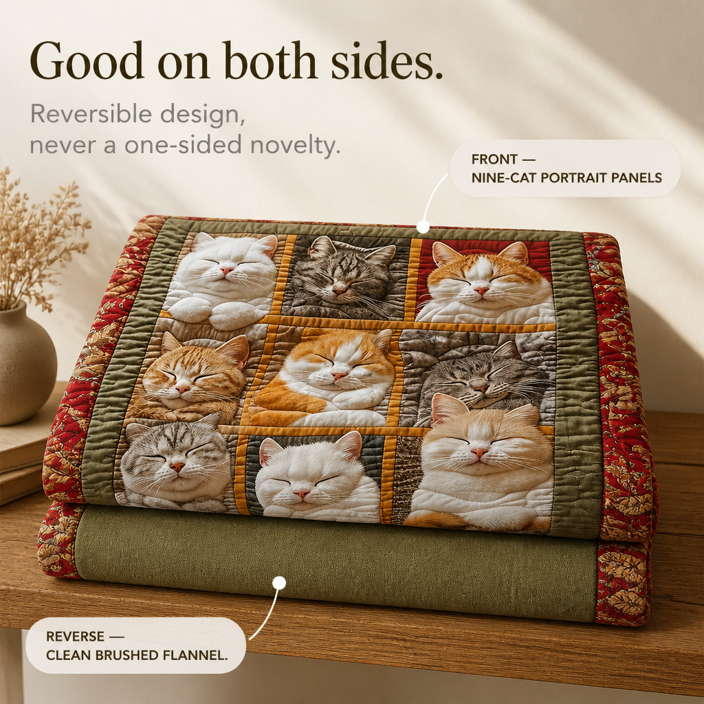 Reversible Flannel Throw Blanket with Nine Sleeping Cats