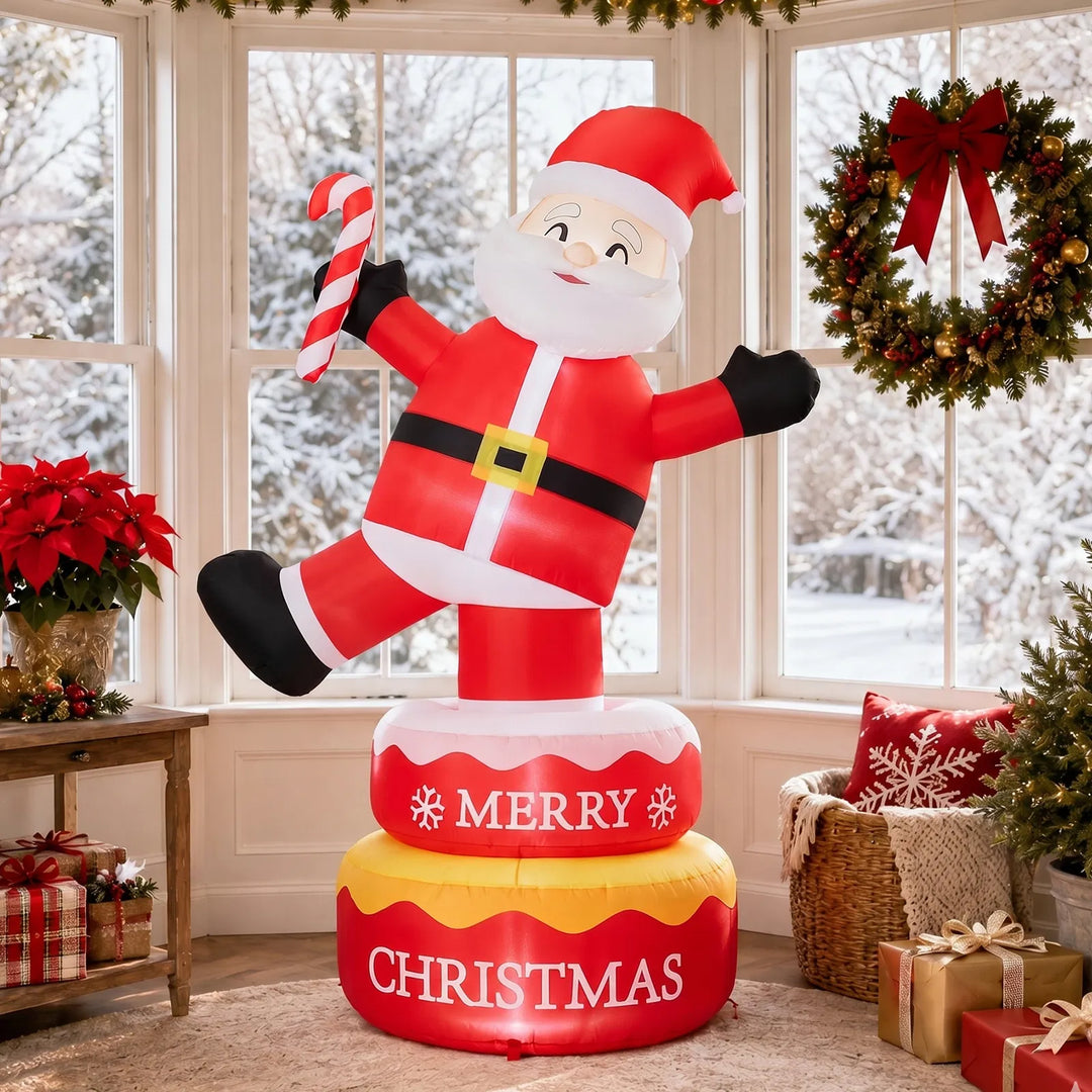 Inflatable standing Santa lit up at night