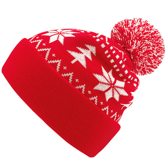 Plushridge Christmas Knit Beanie with Pom Pom and Snowflakes