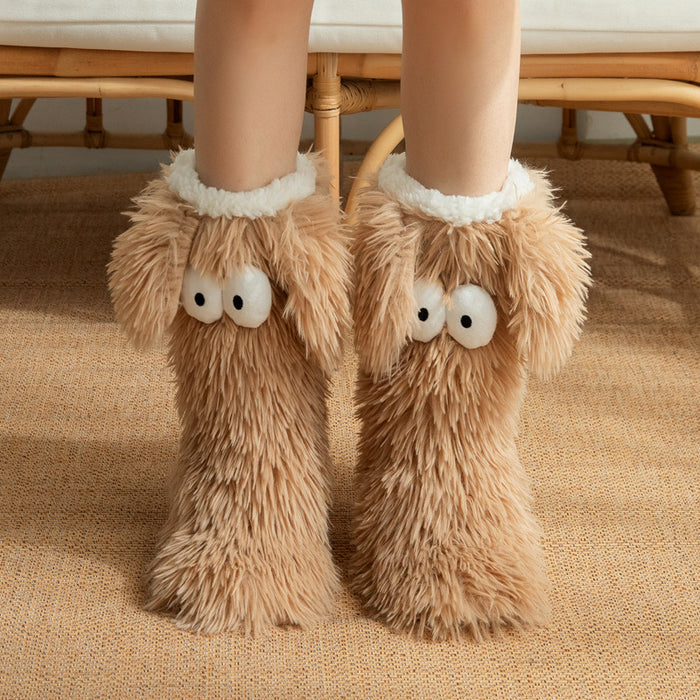 Plushridge Fluffy Snow Socks with Cartoon Eyes and Grip Sole