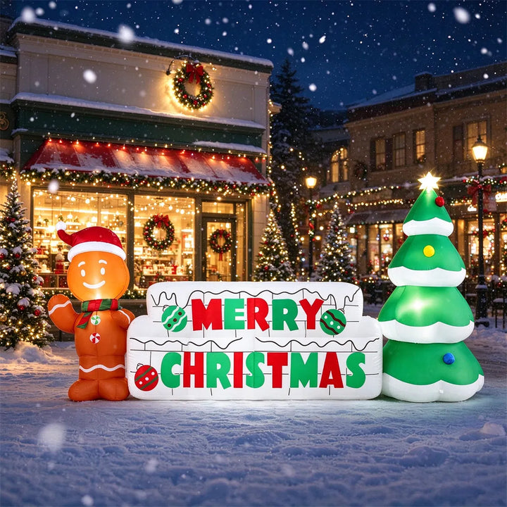 Inflatable Merry Christmas sign with gingerbread man on a lawn