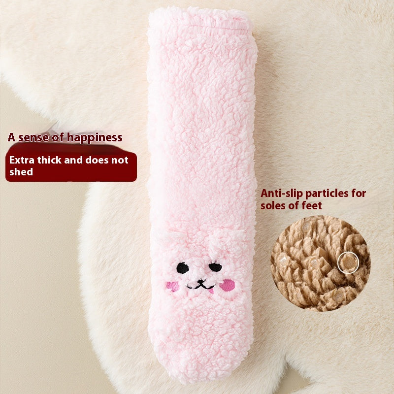 Pink fluffy floor socks with embroidered bunny face