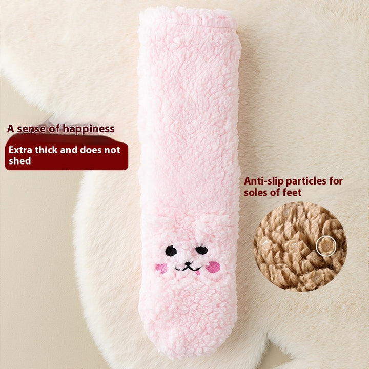 Pink fluffy floor socks with embroidered bunny face