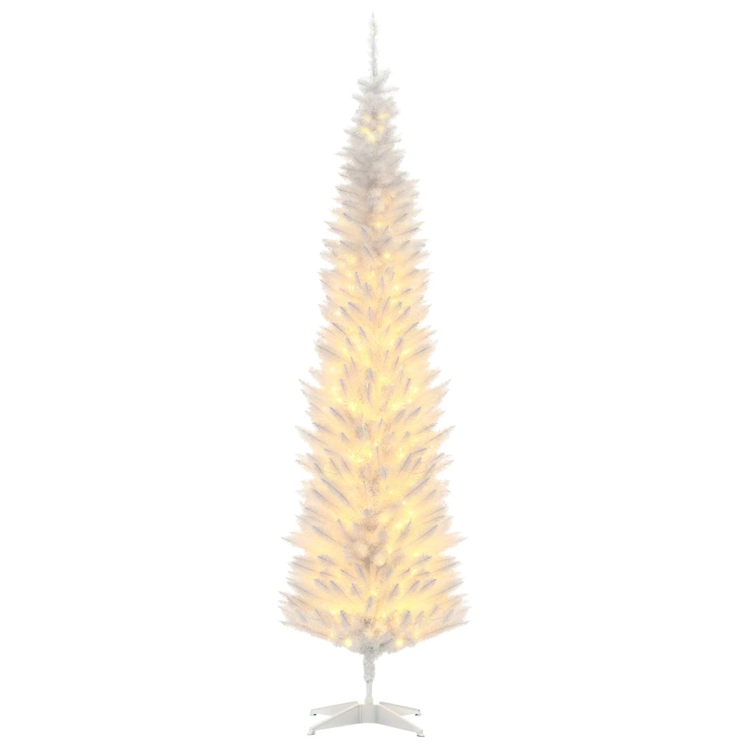 Tall white pencil Christmas tree with lights