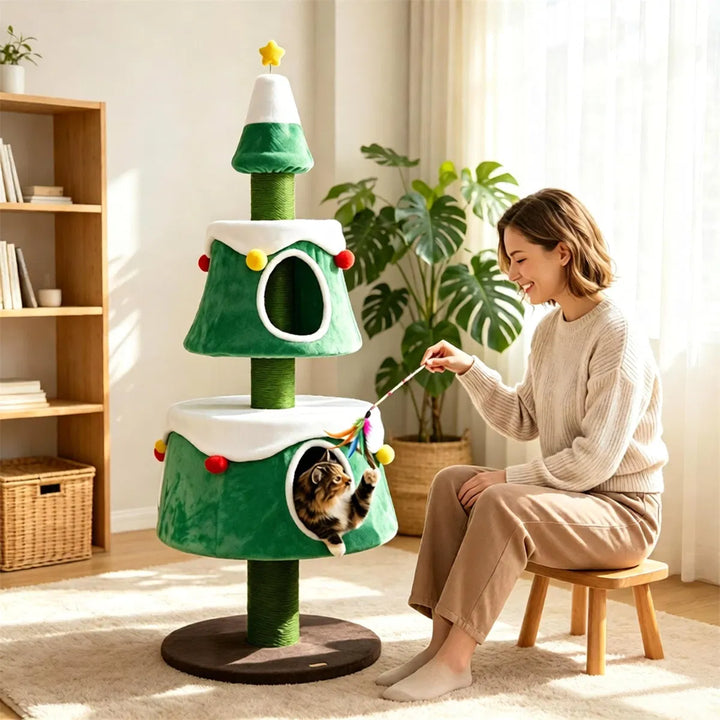 Christmas tree shaped cat tower with condos