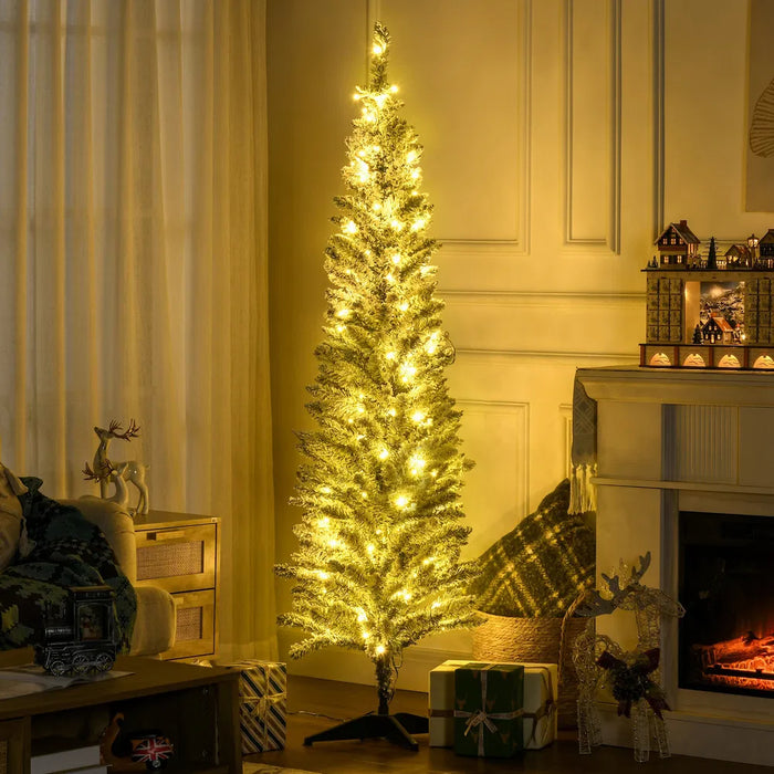 Plushridge 6 ft Snow-Flocked Pencil Christmas Tree with 170 Warm LEDs