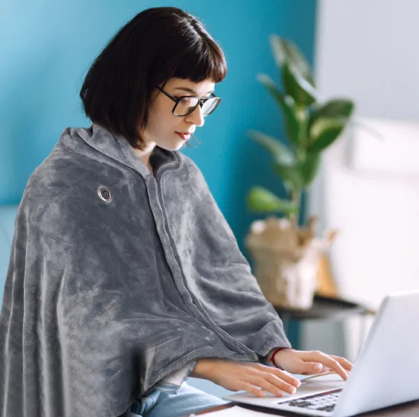 USB Heated Poncho Blanket with Zipper, 59 x 31 in, Gray