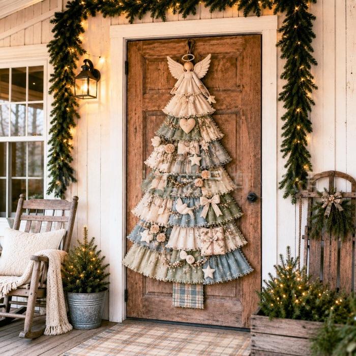 Patchwork-look Christmas tree door hanging