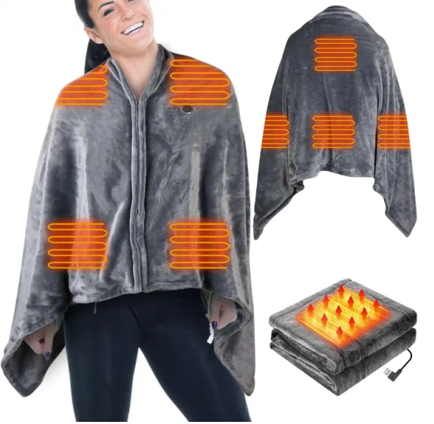 USB Heated Poncho Blanket with Zipper, 59 x 31 in, Gray