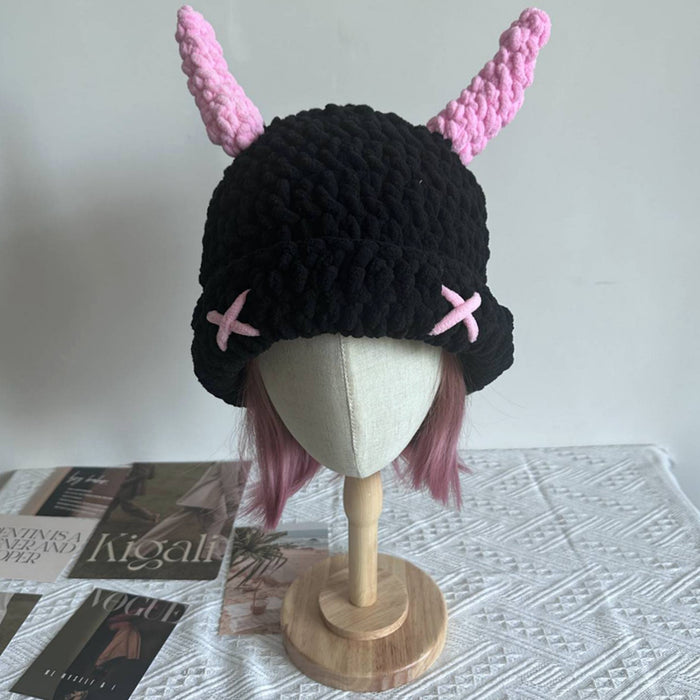 Plushridge Hand-Crocheted Devil Horn Bucket Hat, Chunky Knit