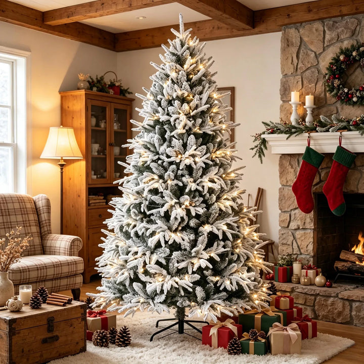 Full snow flocked pre-lit Christmas tree