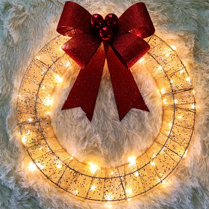 Lighted Christmas Wreath with Big Bow and Warm LED Lights, 20 in