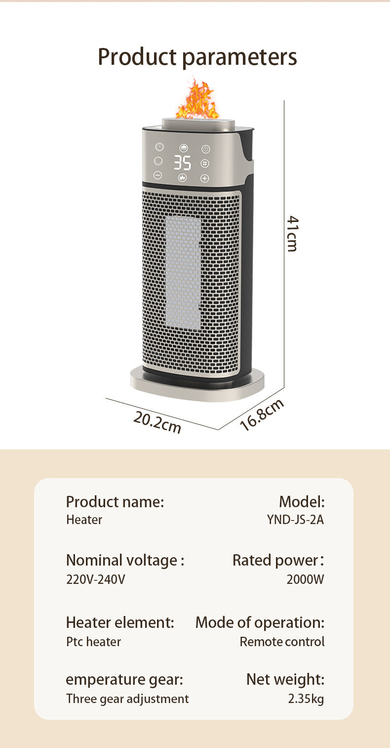 Silver tower fan heater with glowing flame-effect humidifier