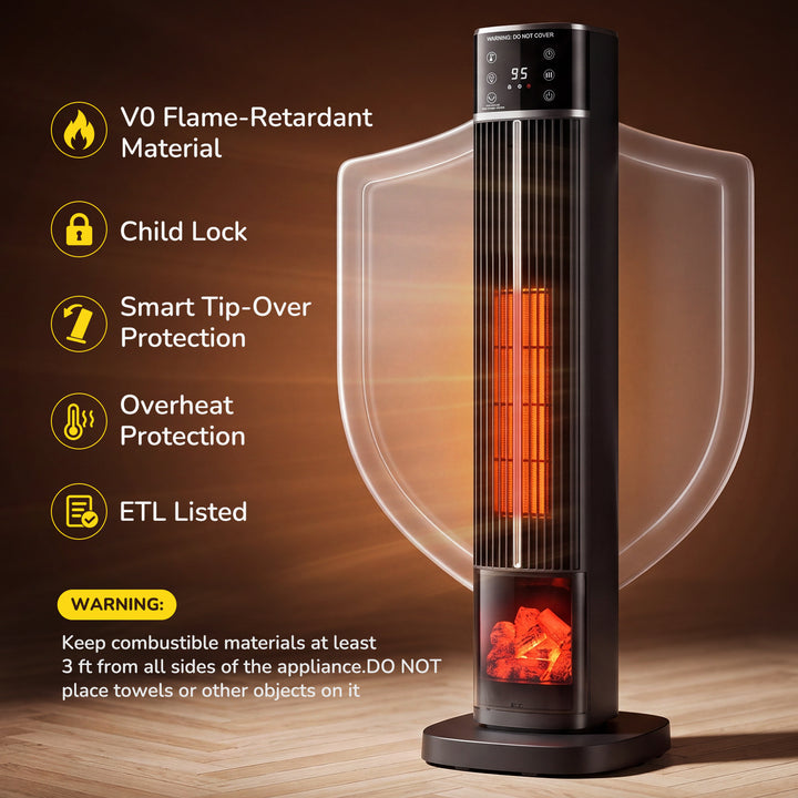 Tall black ceramic tower heater with flame effect panel