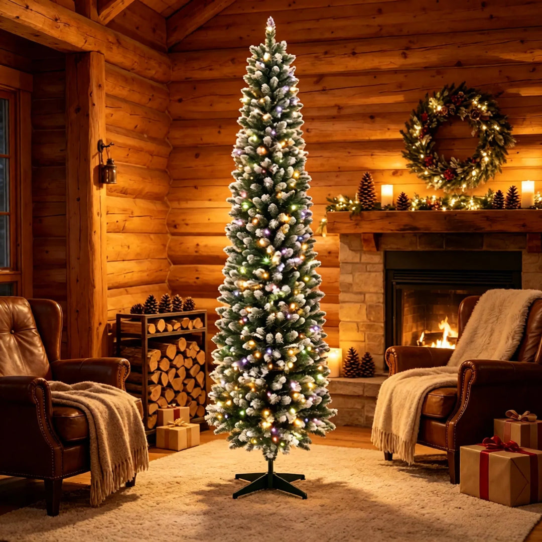 Tall slim frosted pre-lit pencil tree