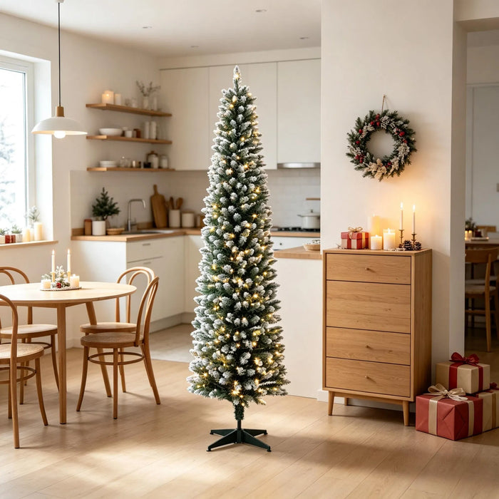Plushridge 6 ft Slim Frosted Pencil Christmas Tree with Remote