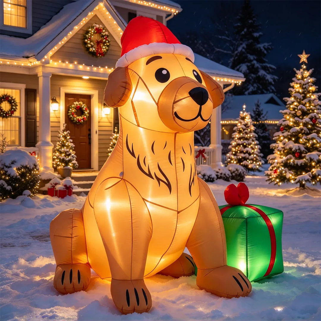 Inflatable golden retriever with Santa hat