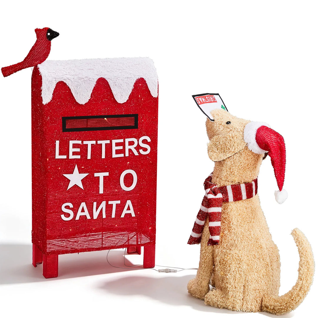 Lighted red mailbox and dog Christmas figures