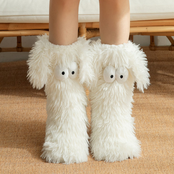 Fluffy plush socks with cartoon eyes