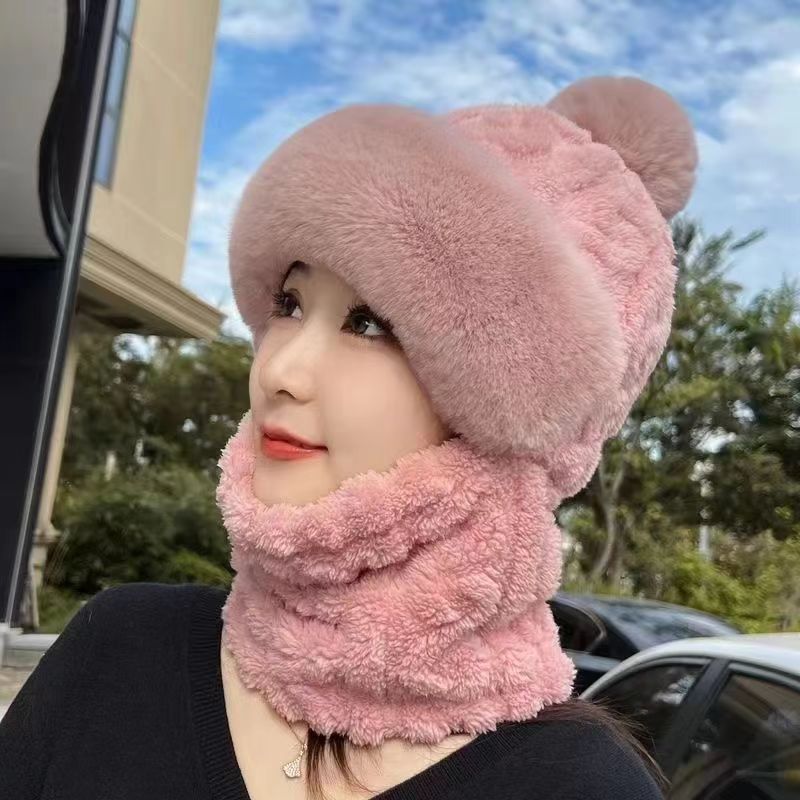 Pink plush hood hat with neck warmer