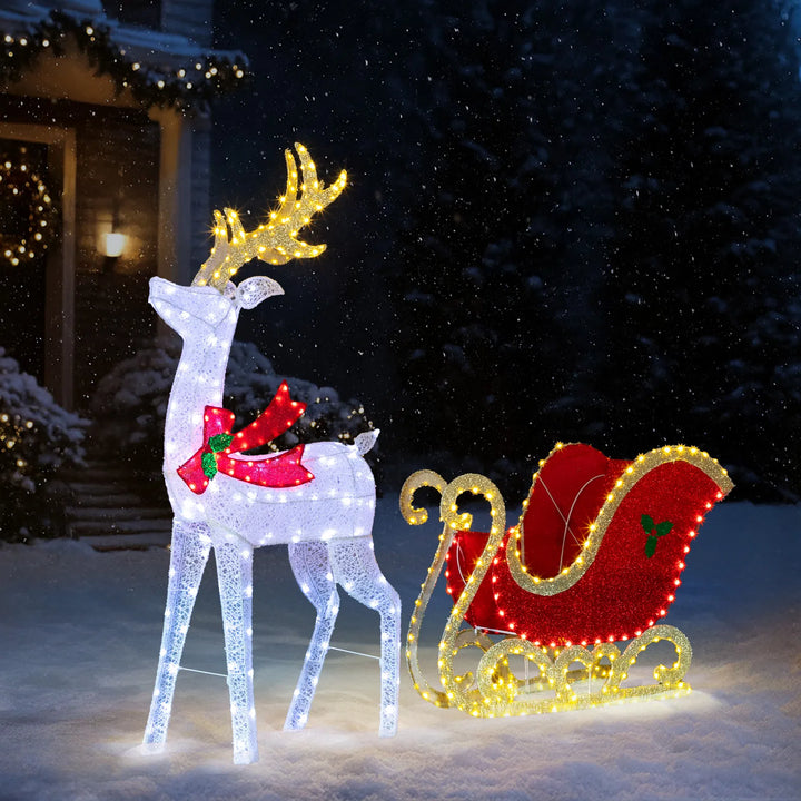 Lighted reindeer and sleigh at night