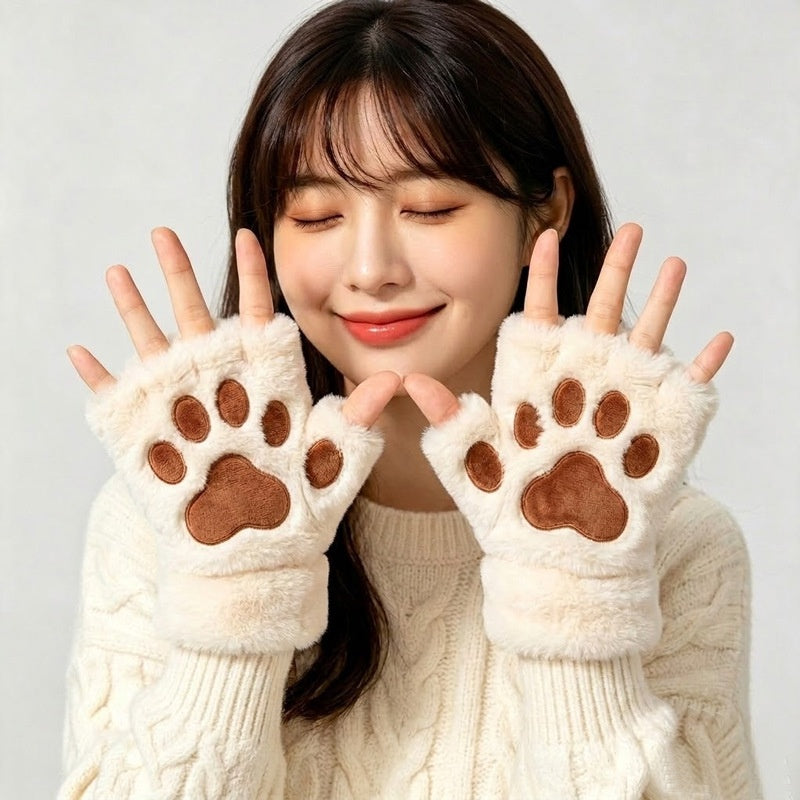 White plush heated cat paw fingerless gloves