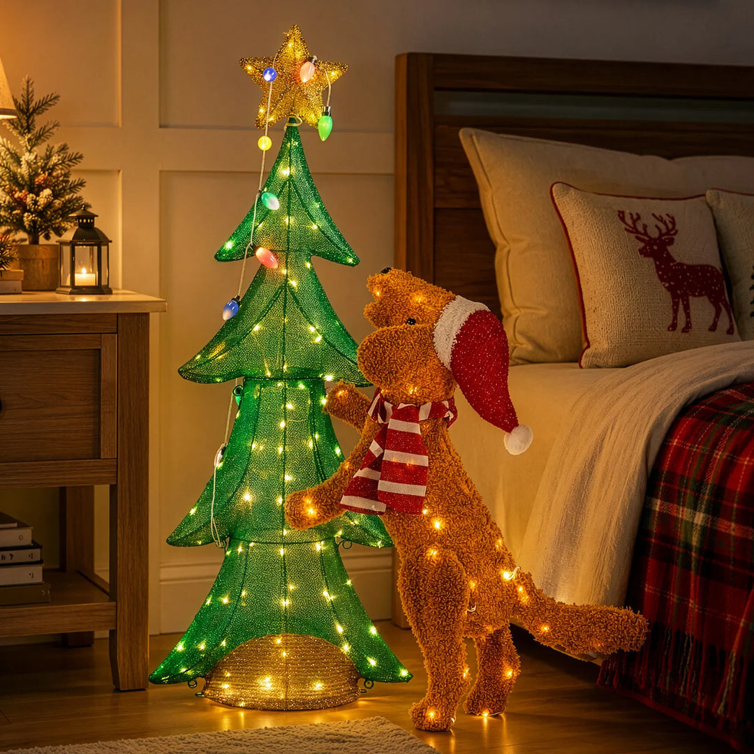 Light-up plush dog climbing Christmas tree