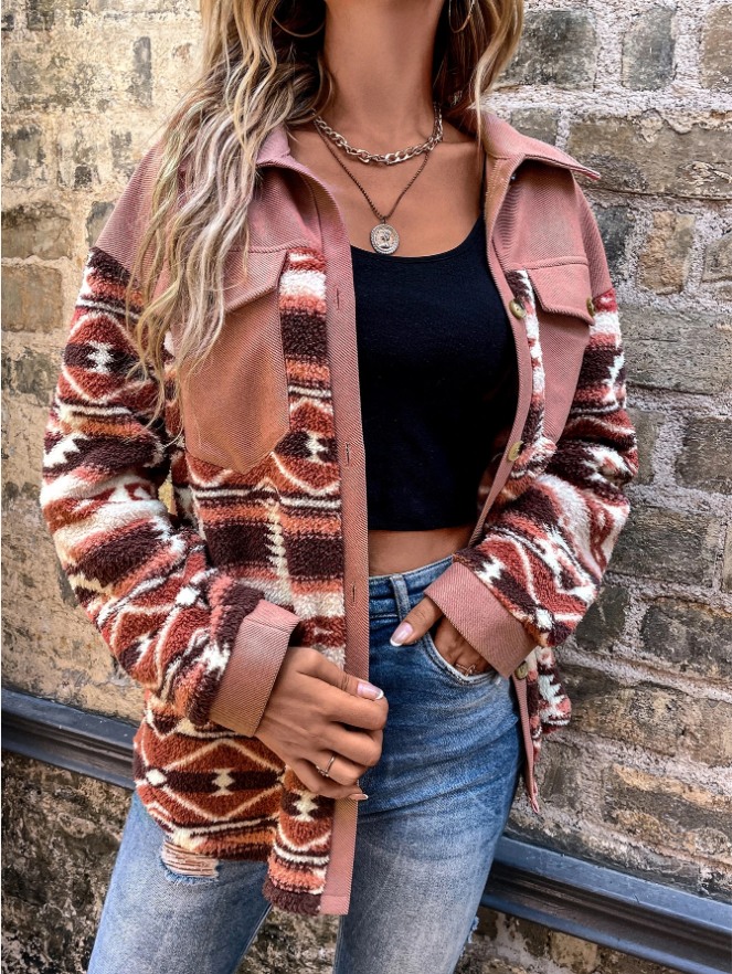 Woman wearing a pink shacket with print sleeves