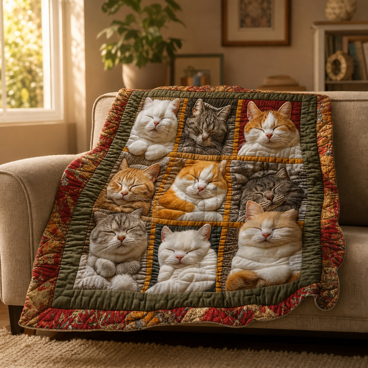Reversible Flannel Throw Blanket with Nine Sleeping Cats