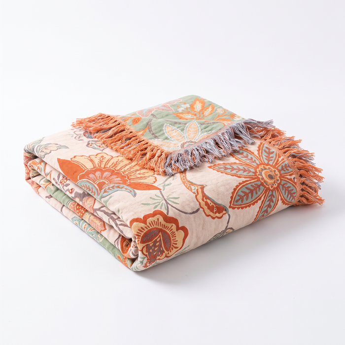 Plushridge™ Boho Floral Cotton Throw with Fringe in Orange and Blue