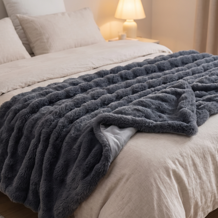 Double-Lined Faux Rabbit Fur Throw Blanket with Real Weight