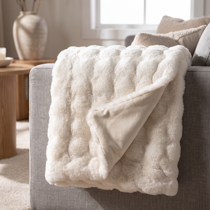 Double-Lined Faux Rabbit Fur Throw Blanket with Real Weight