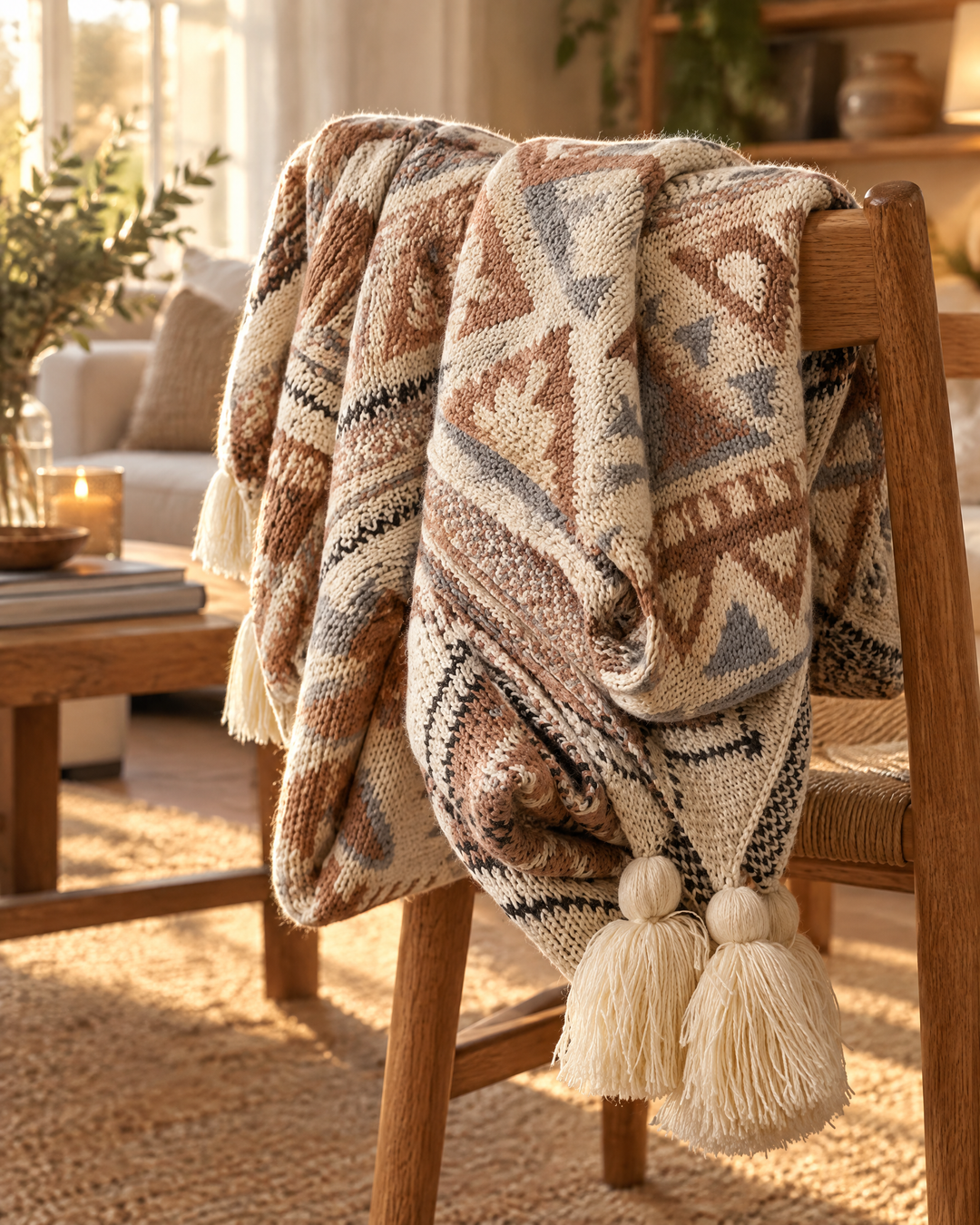 Boho Knit Throw Blanket with Tassels in Warm Neutral Beige