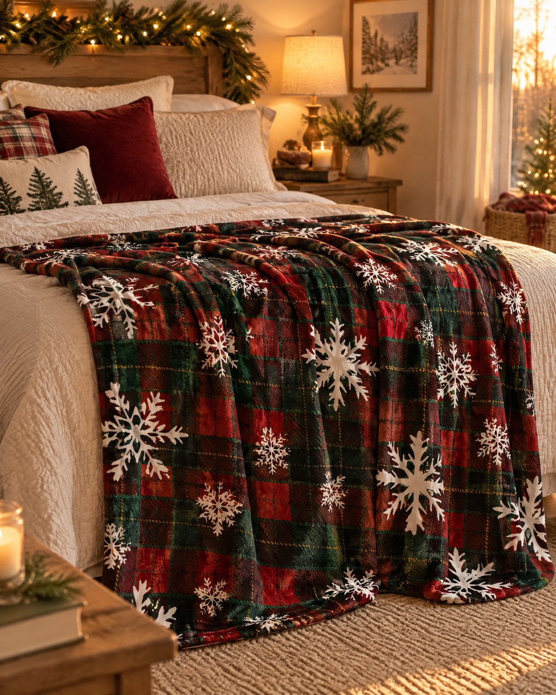 Red Buffalo Plaid Christmas Throw in Flannel Fleece With Snowflakes