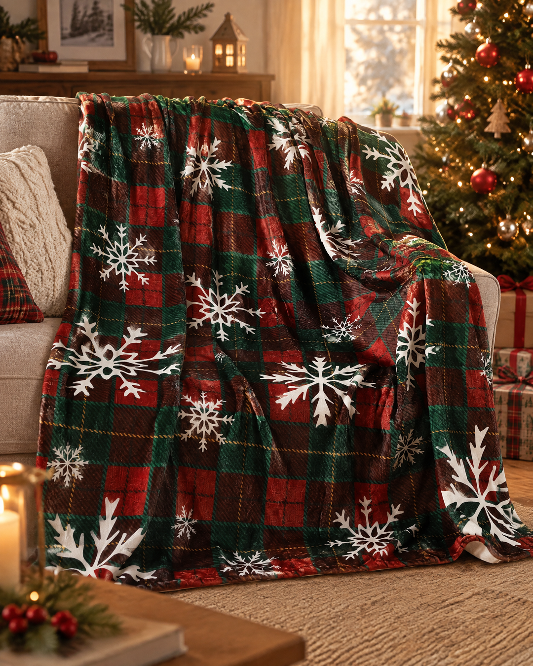 Red Buffalo Plaid Christmas Throw in Flannel Fleece With Snowflakes