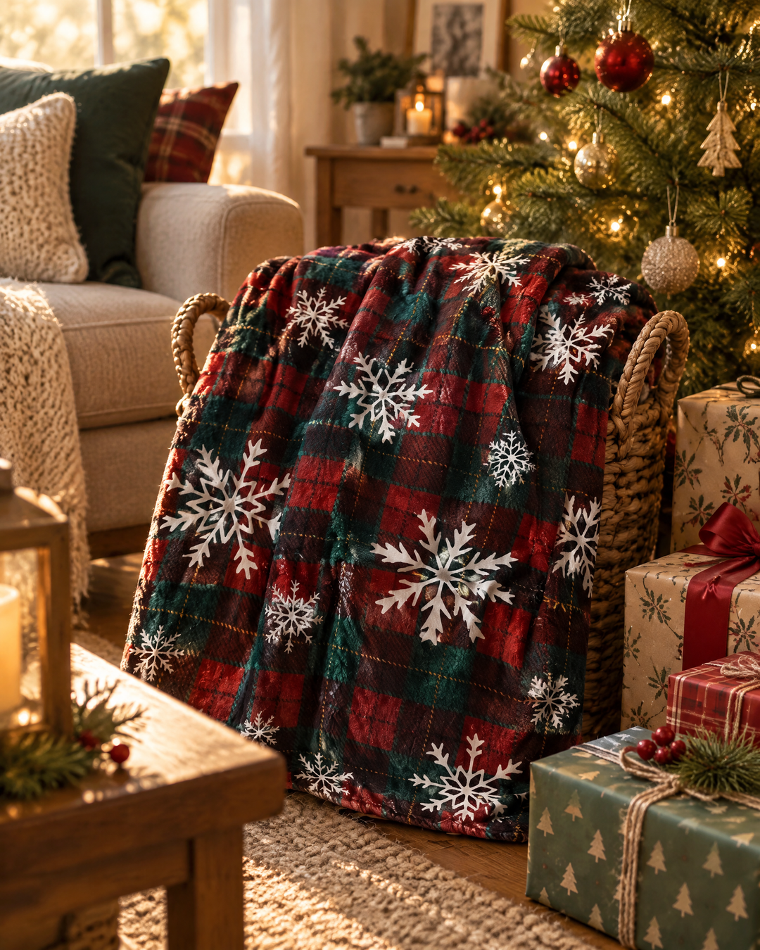 Red Buffalo Plaid Christmas Throw in Flannel Fleece With Snowflakes