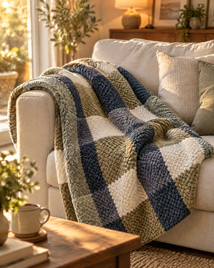 Chunky Knit Throw Blanket – Chenille Checkered Knitted Blanket 47x79 in for Couch &amp; Bed, Machine Washable