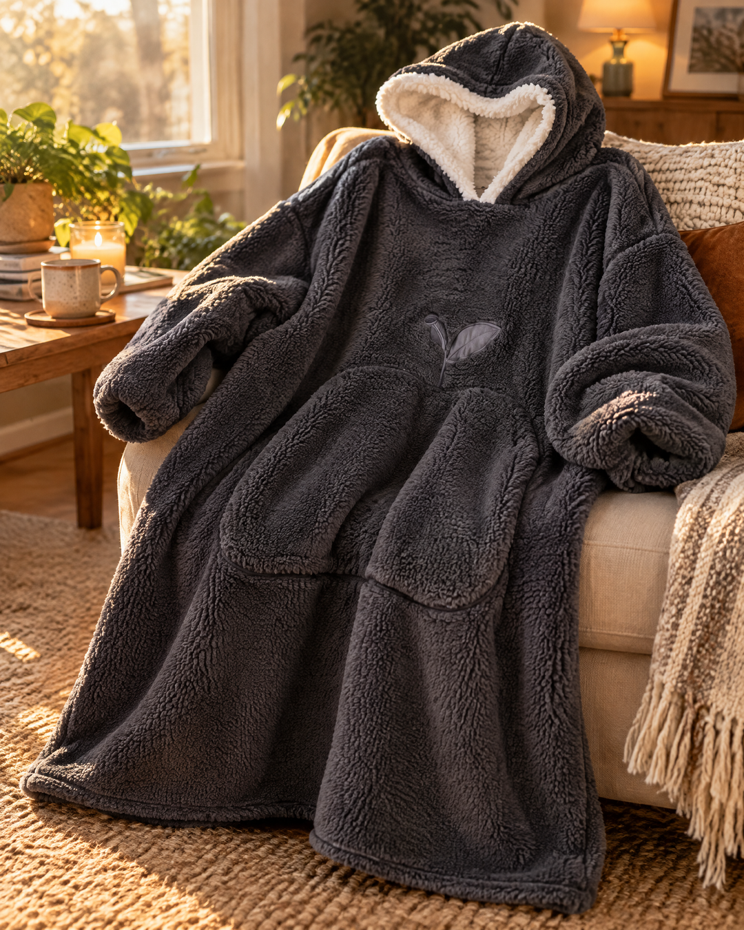 Extra-Long Sherpa Hoodie Blanket with Sleeves and Big Pocket