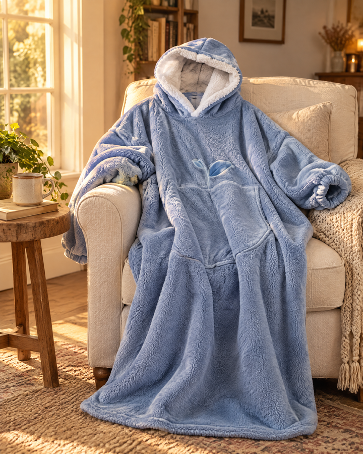 Extra-Long Sherpa Hoodie Blanket with Sleeves and Big Pocket