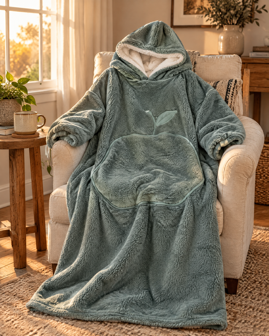 Extra-Long Sherpa Hoodie Blanket with Sleeves and Big Pocket