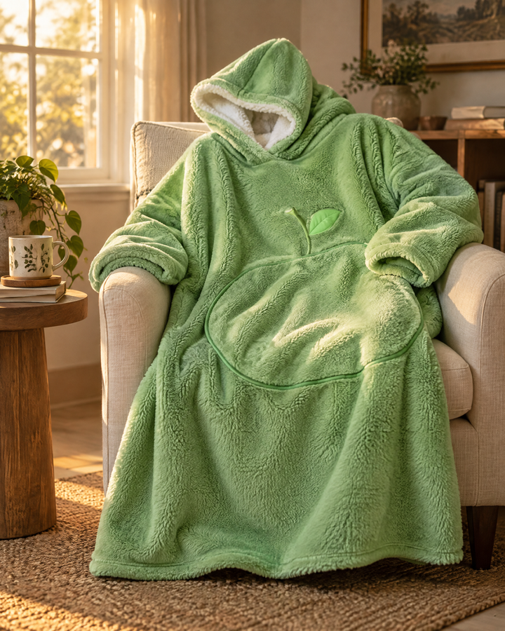 Extra-Long Sherpa Hoodie Blanket with Sleeves and Big Pocket
