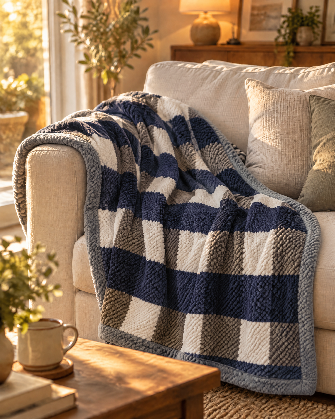 Chunky Knit Throw Blanket – Chenille Checkered Knitted Blanket 47x79 in for Couch &amp; Bed, Machine Washable