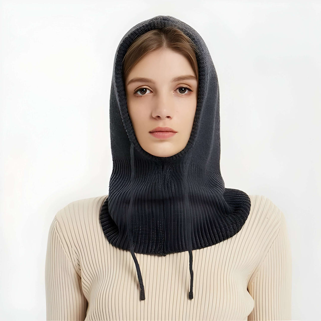 Hooded Knit Beanie in Soft Wool Blend with Drawstrings