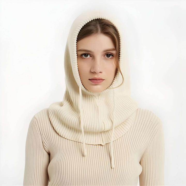 Hooded Knit Beanie in Soft Wool Blend with Drawstrings