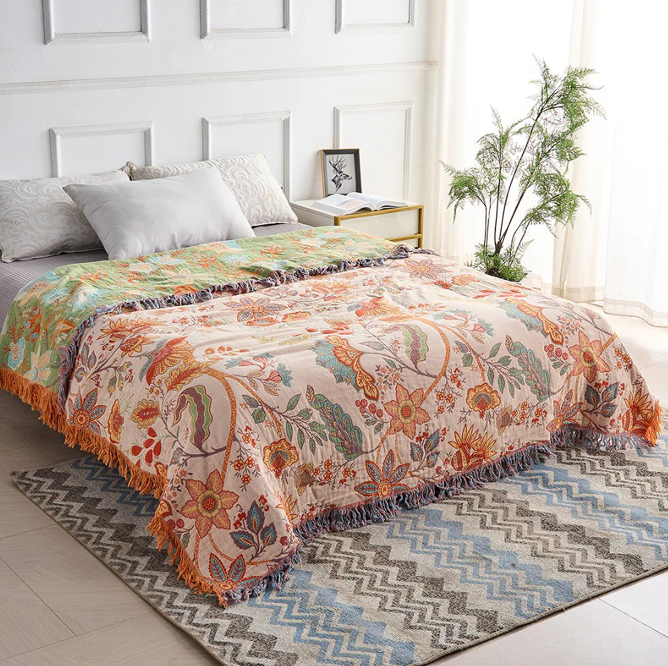 Floral Cotton Throw Blanket with Boho Fringe Trim