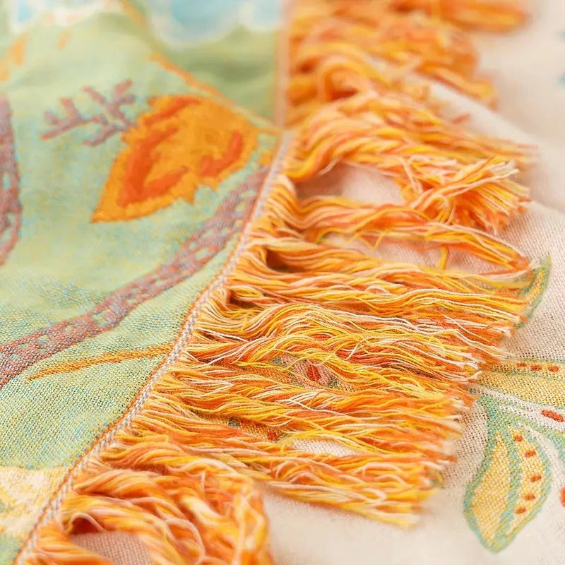 Floral Cotton Throw Blanket with Boho Fringe Trim